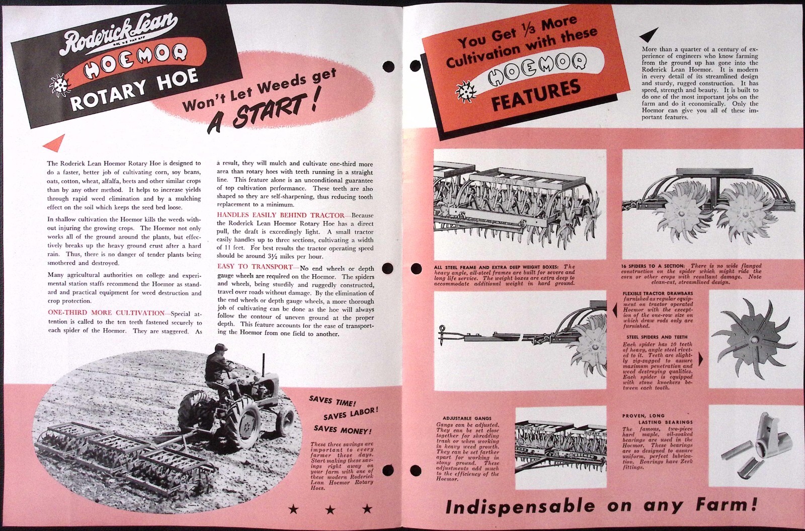 1954 Roderick Lean Hoemor Tractor Rotary Hoe Brochure Farm Tools Inc Mansfield