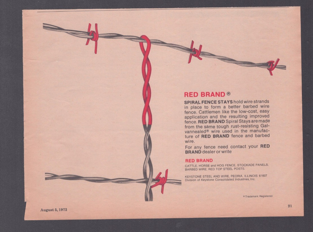 1972 Print Ad Keystone Steel and Wire Peoria IL Red Brand Spiral Fence Stays