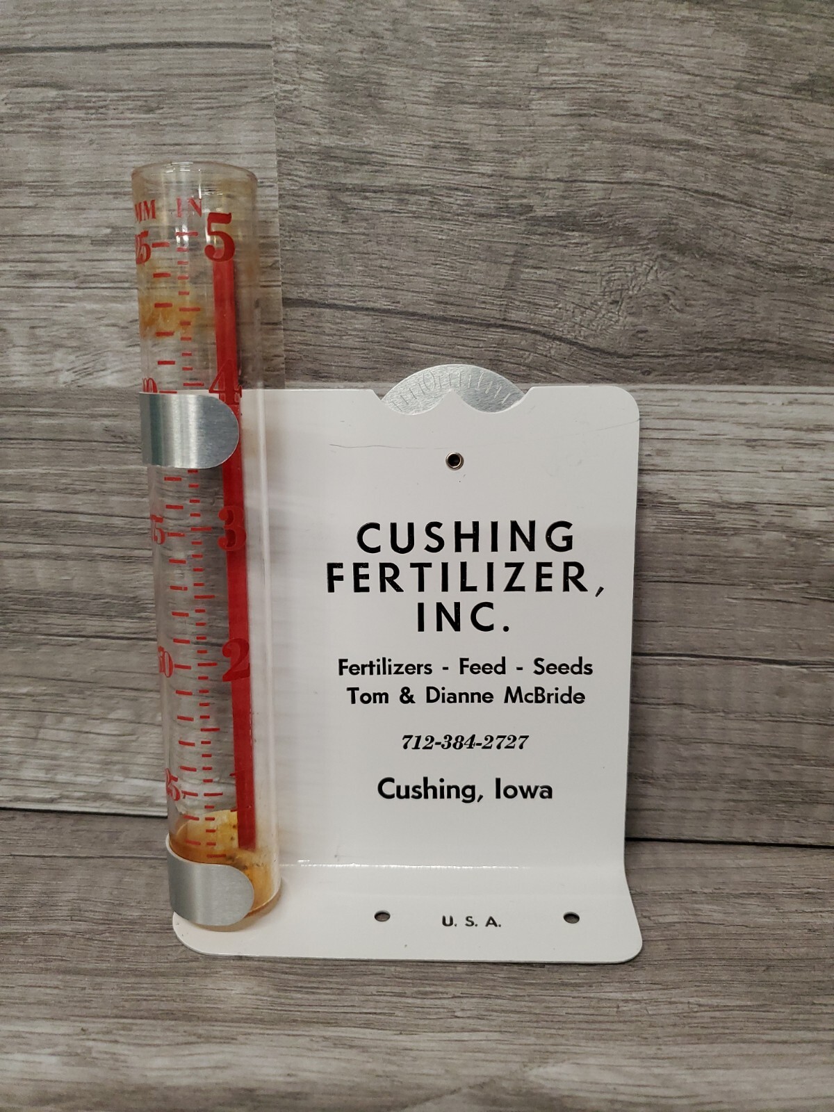 Vtg Mayco Rain Gauge CUSHING FERTILIZER INC. Cushing Iowa Tom & Dianne McBride