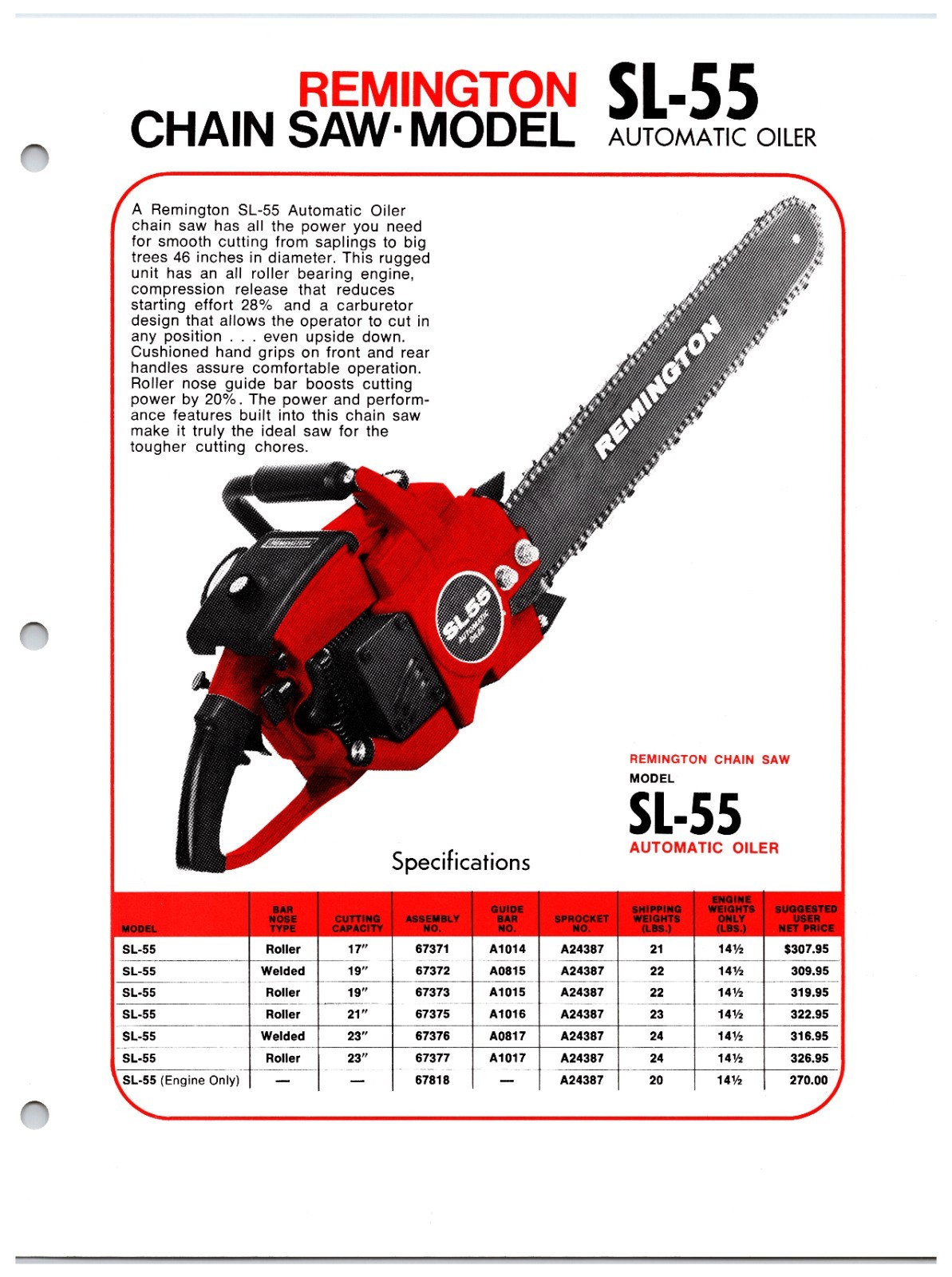 Original 1970s Remington Chainsaws Sales Info Sheet (SL-55 / SL-7 Models)