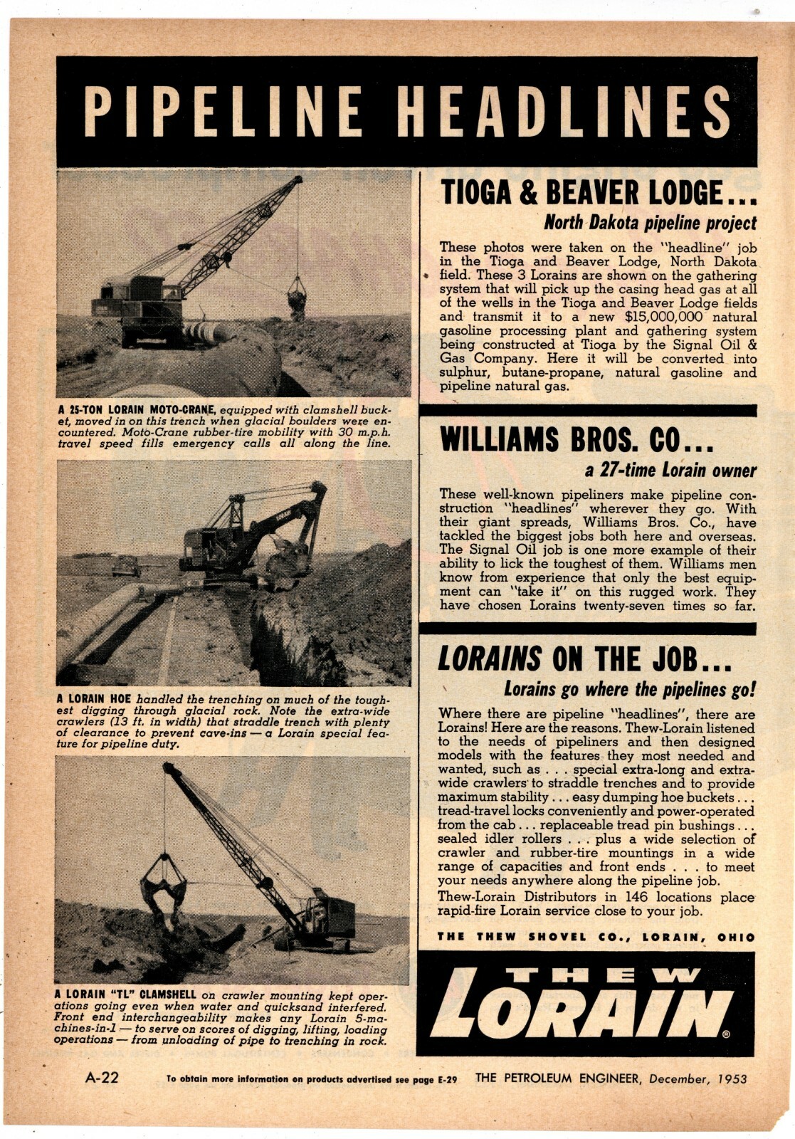 1953 Thew Lorain Shovel Co. Ad: Moto-Crane, Hoe, & TL Clamshell Tioga N. Dakota
