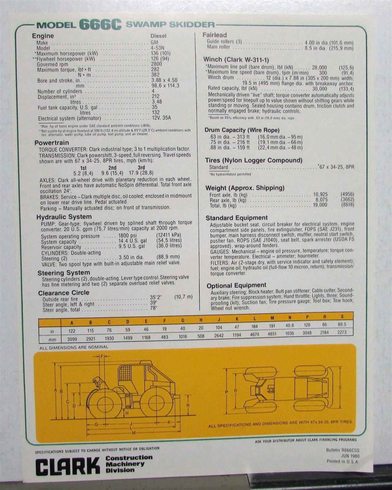1980 Clark 666C Cable Swamp Skidder Diagrams Specs Construction Sales Sheet