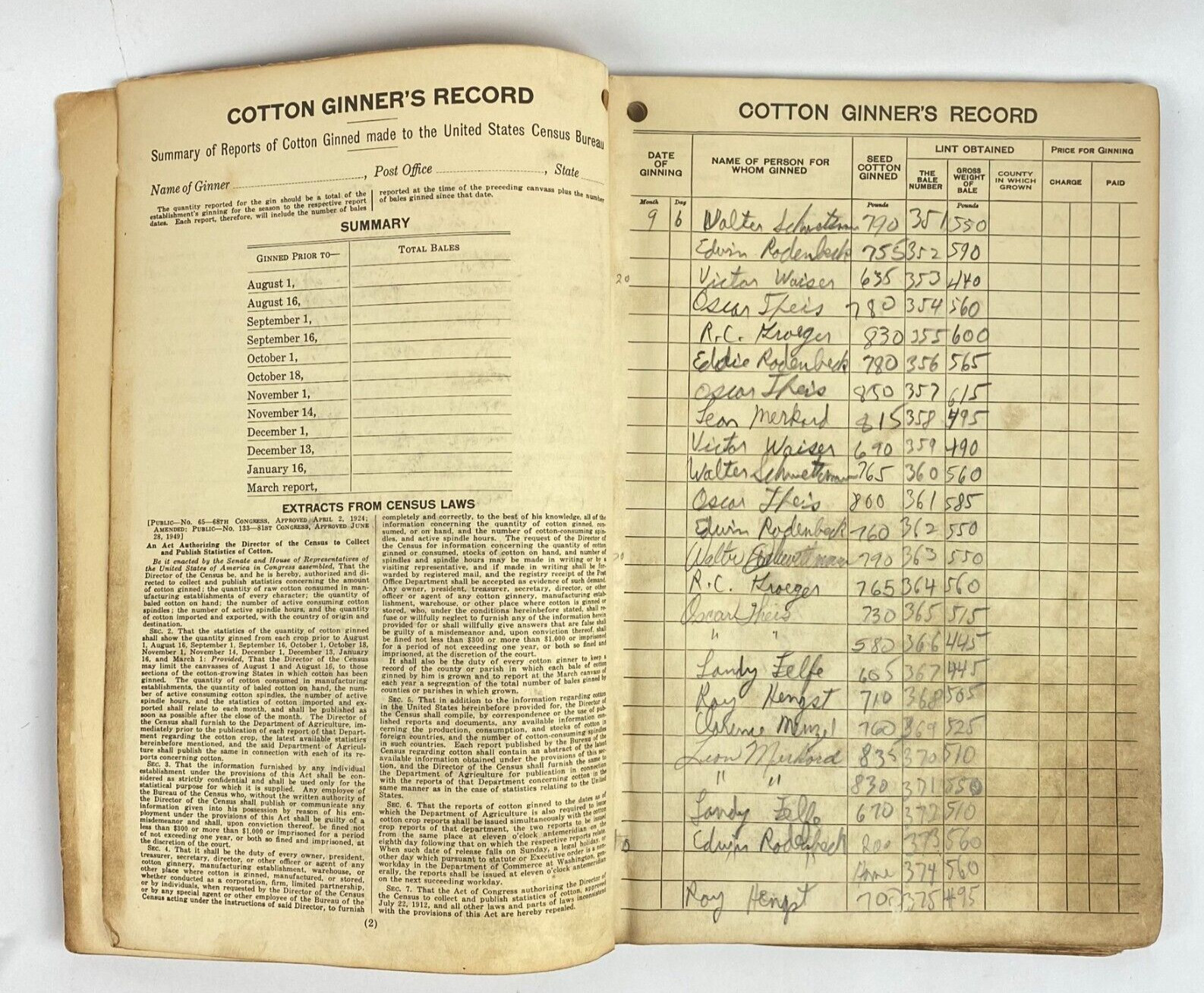 1950&rsquo;s Dept of Commerce Cotton Ginner&rsquo;s Record Book Filled Out Vintage