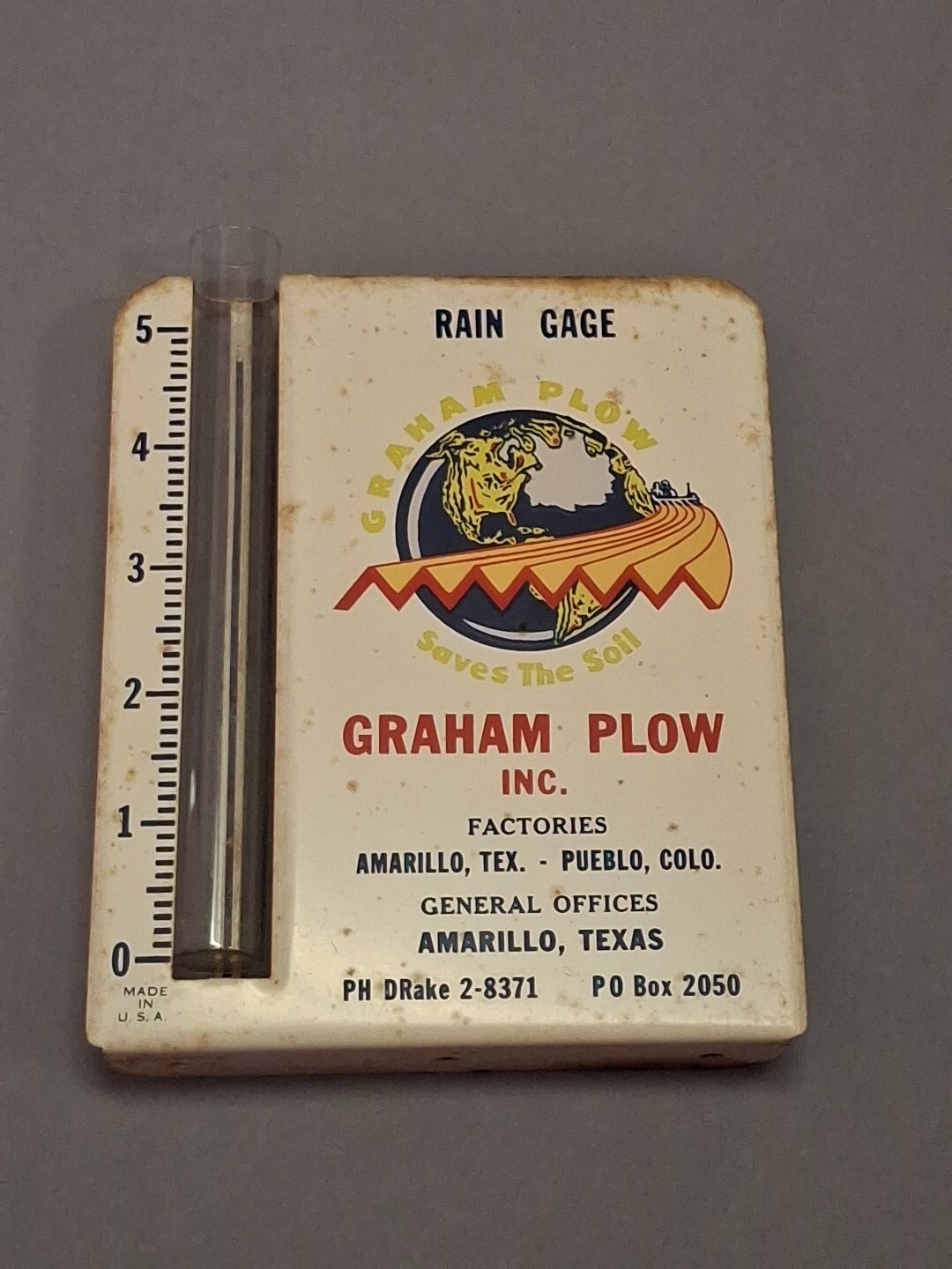 Vintage GRAHAM Rain Gauge AMARILLO TEXAS Metal Glass SAVE THE SOIL