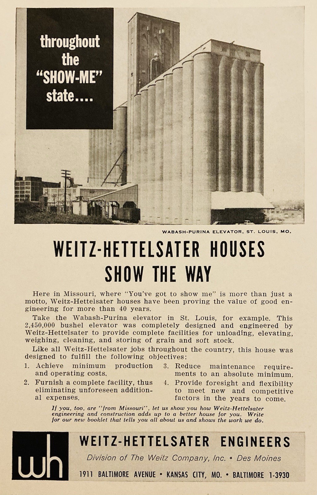 1960 AD.(PC6)~WEITZ-HETTELSATER ENGINEERS CO. DES MOINES. AT WABASH-PURINA