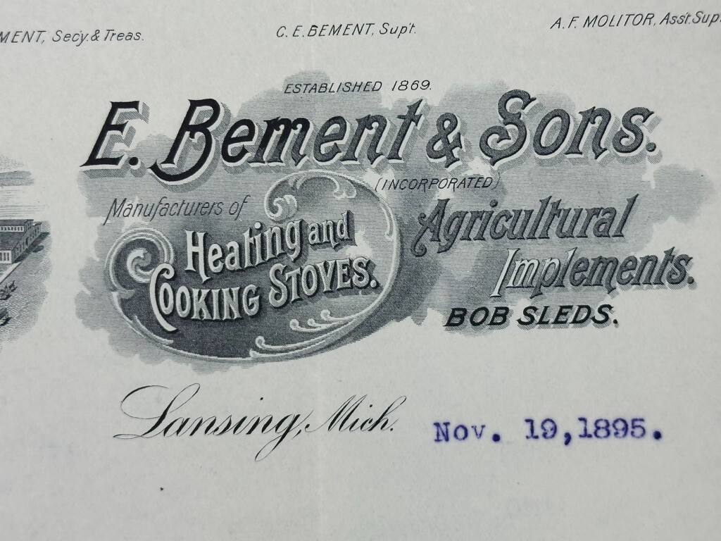 1895 Bement Cooking STOVES Farm Tools BOB SLEDS Antique Advertising LANSING MI