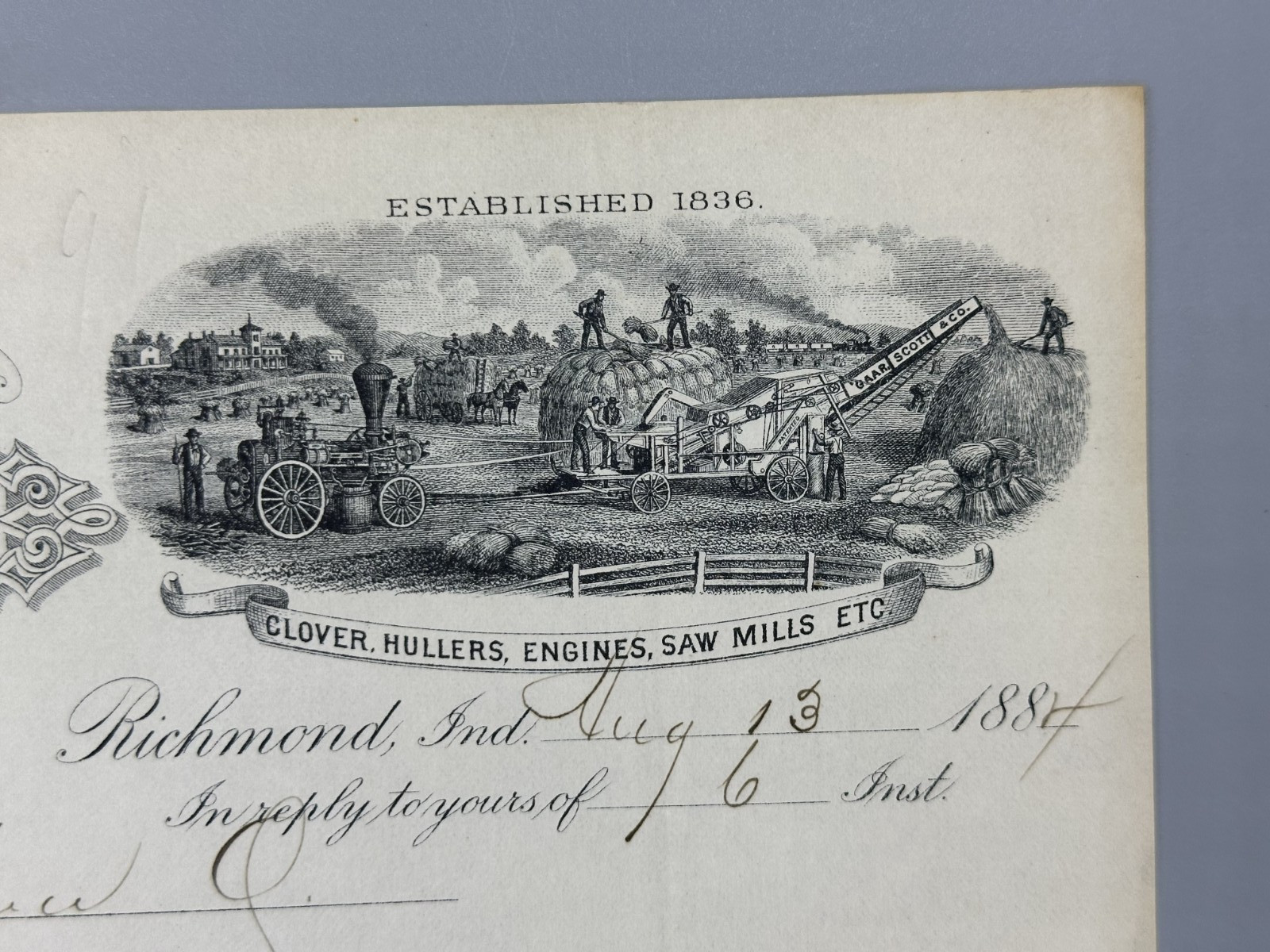 1884 GAAR SCOTT THRESHING MACHINES Letter FARM Advertising RICHMOND IN Antique