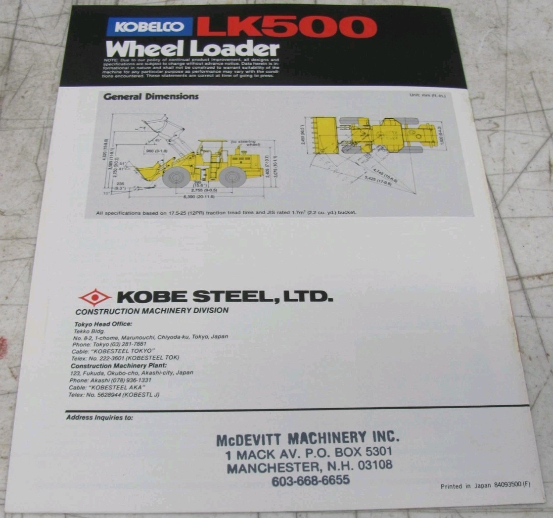 Kobelco LK500 Wheel Loader LK500-104 Sales Brochure 84093500 (F)