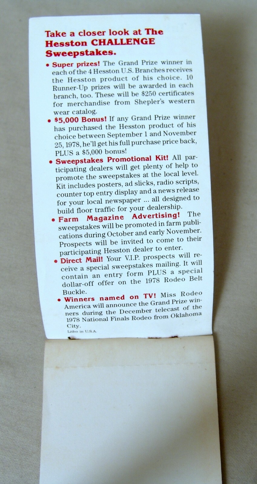Vintage Hesston Corporation October 1978 Pocket Note Pad – UNUSED!