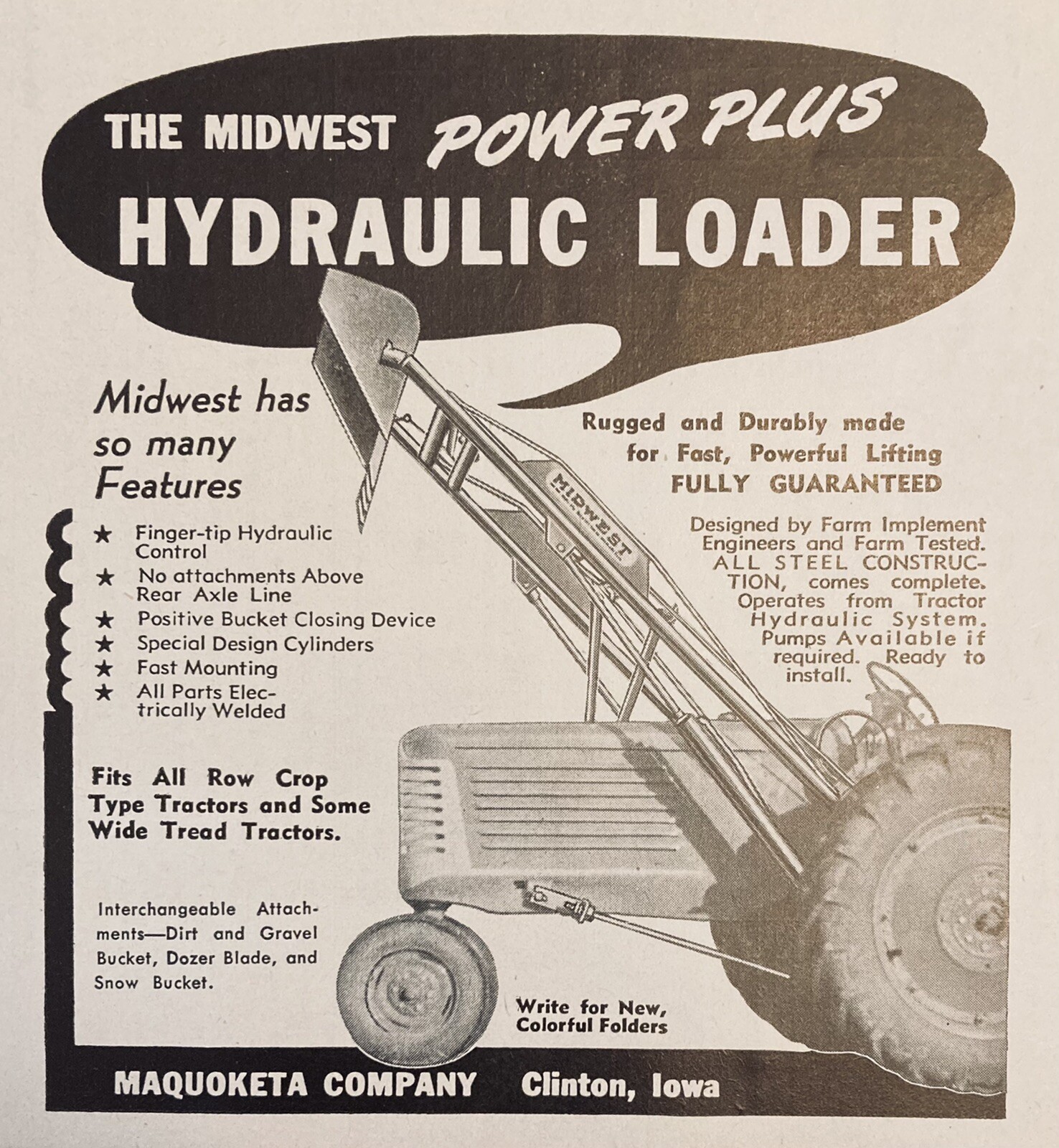 1953 AD.(XH21)~MAQUOKETA CO. CLINTON, IOWA. MIDWEST HYDRAULIC LOADER