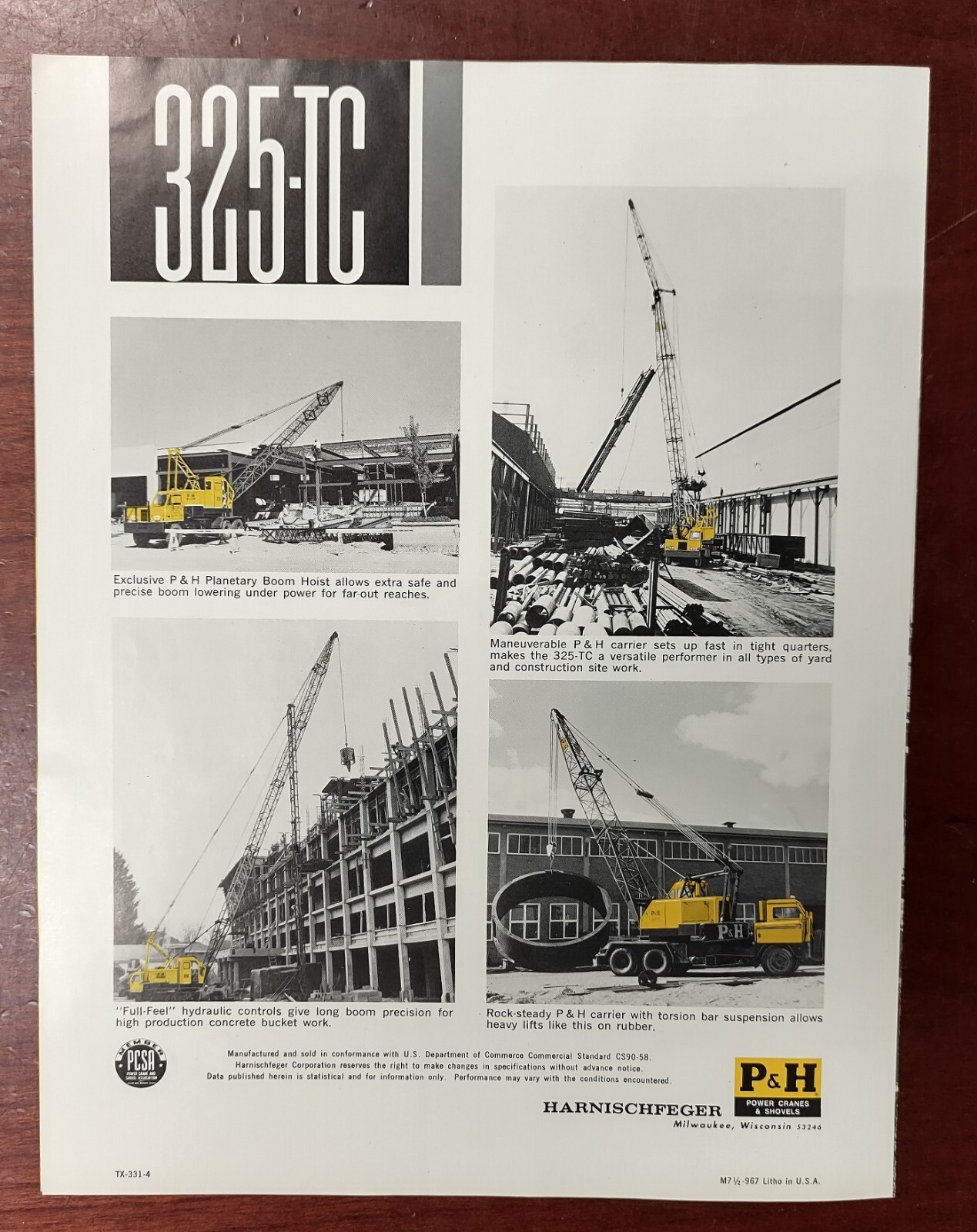 Vintage P&H Harnischfeger 325-TC Crane Fold-out Brochure + 4 Spec Sheets 1960s?