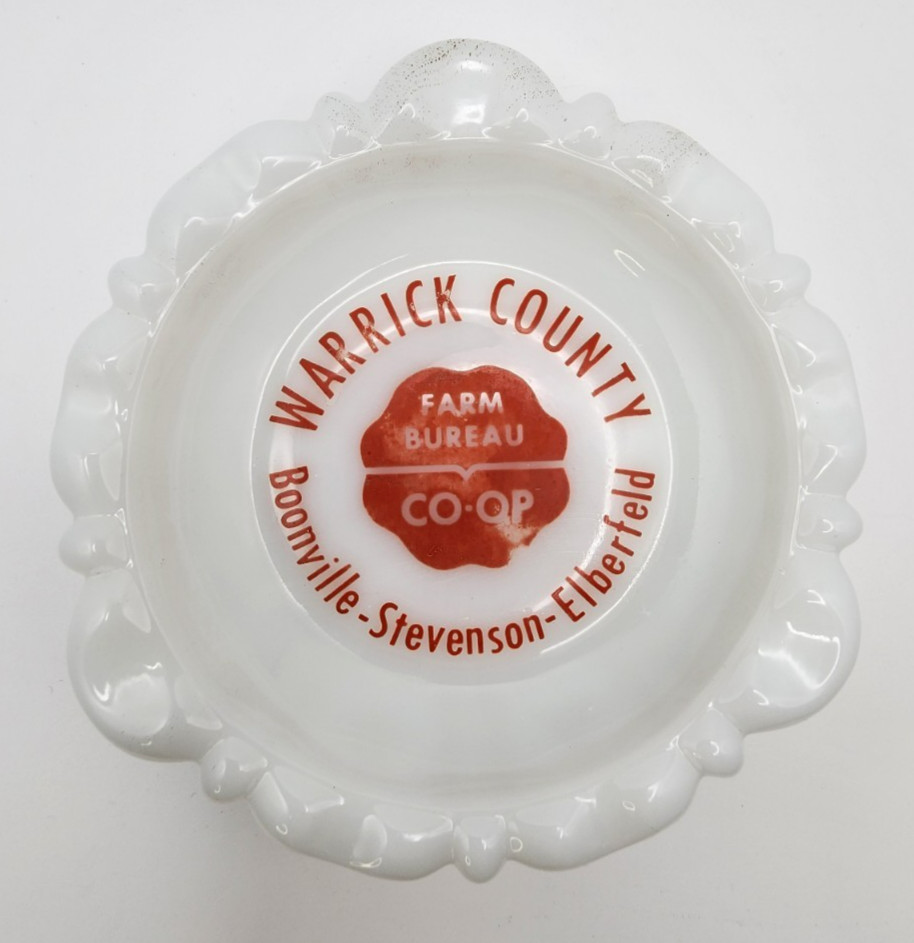 Vintage Anchor Hocking Milk Glass Ashtray Warrick County Farm Bureau Co-Op