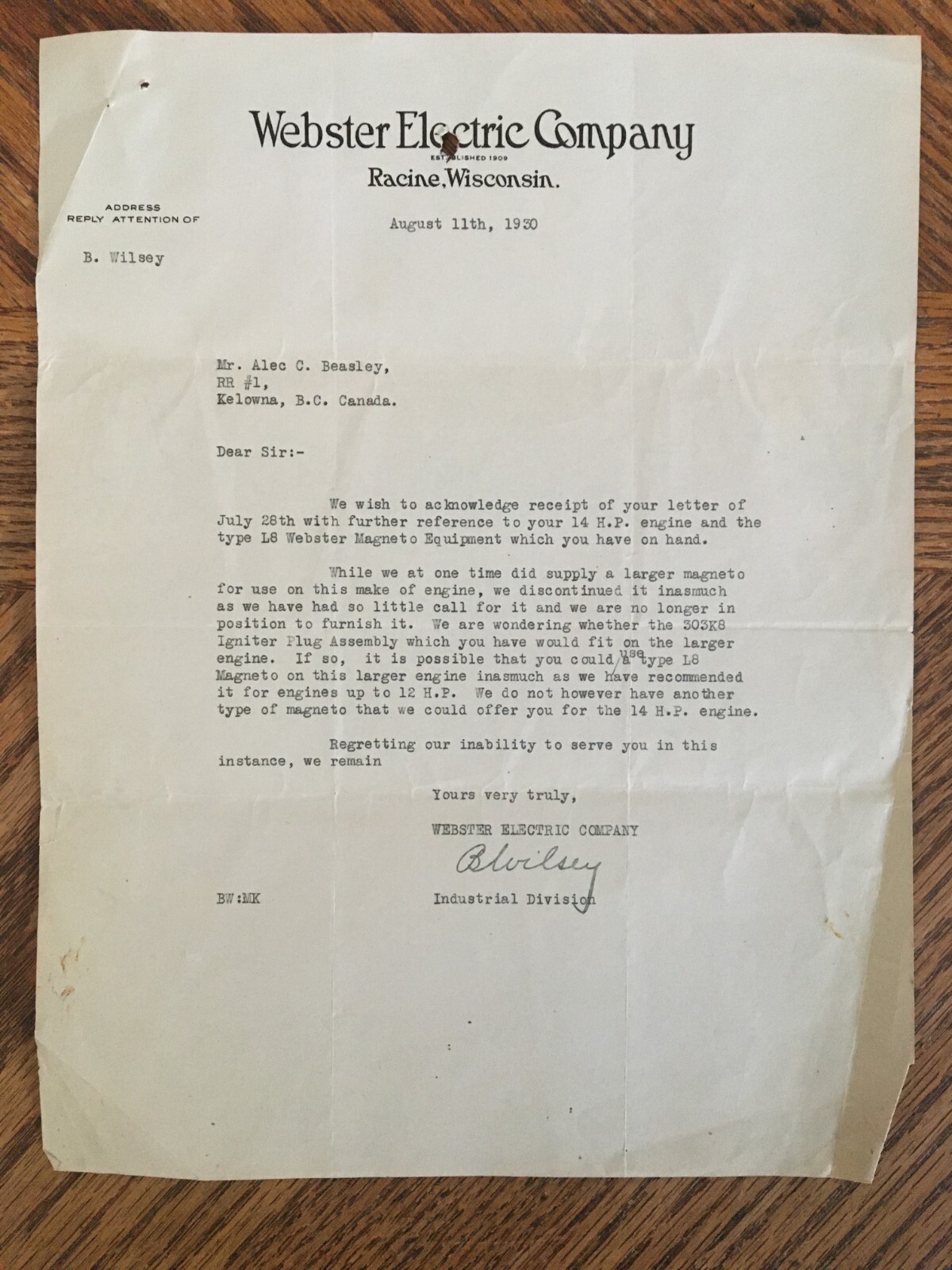 Webster Electric Co Motor Machinery Letter Receipt 1930 Cattle Ranch Kelowna BC