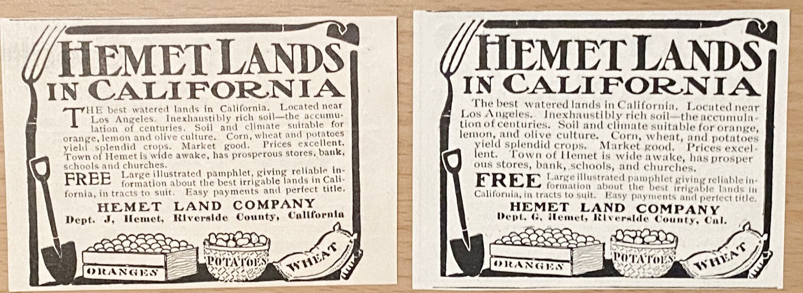 HEMET LAND CO California P.N.Myers Gen.Mgr c1900s Real Estate Sales Print Ad Lot