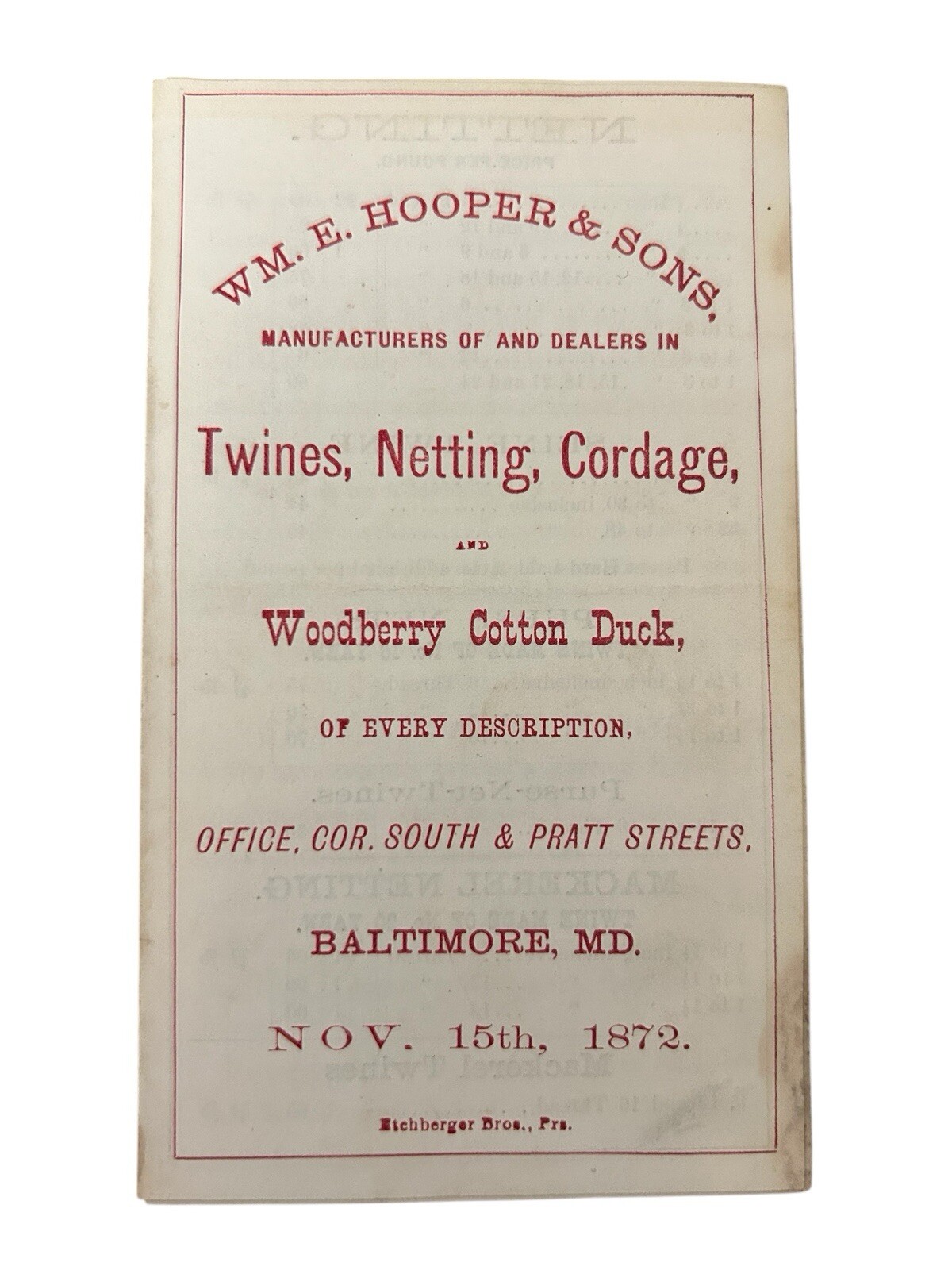 1872 WM E Hooper Sons Twines Netting Cordage Advertising Brochure