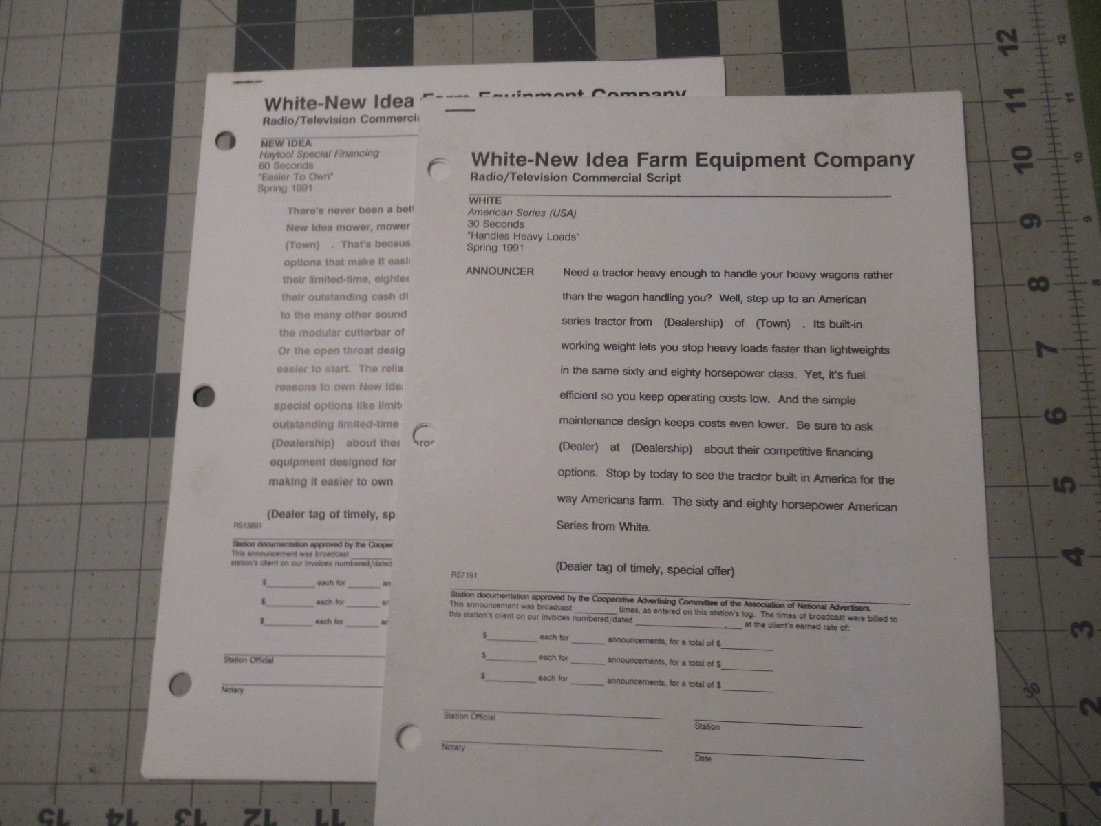 White New Idea Farm Equipment Radio/Television Script Spring 1991