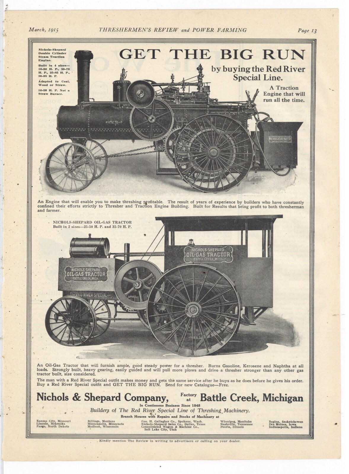 1915 Nichols & Shepard Co. Ad: Double Cylinder Steam Traction Engine – Tractor +