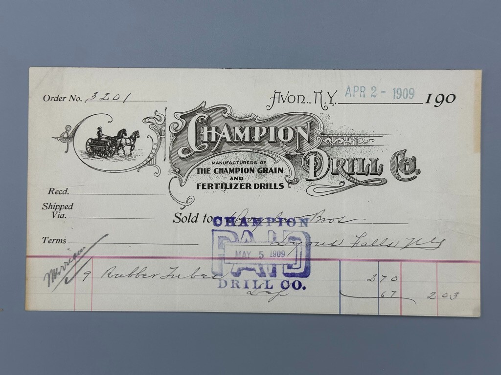 1909 CHAMPION GRAIN DRILL Farm Advertising AVON NY Illustrated Invoice Antique