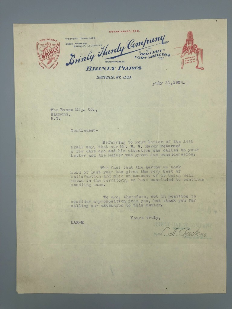 1906-1911 BRINLY HARDY PLOWS Letterhead Antique FARM Advertising LOUISVILLE KY