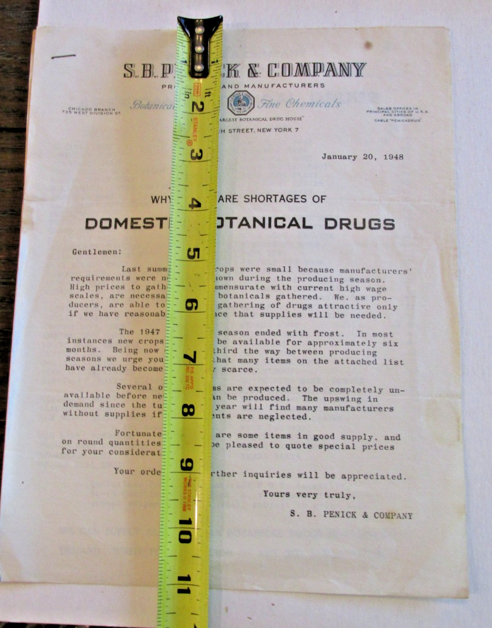 VTG S.B. Penick & Company Botanical Products Fine Chemicals Letter & Price List