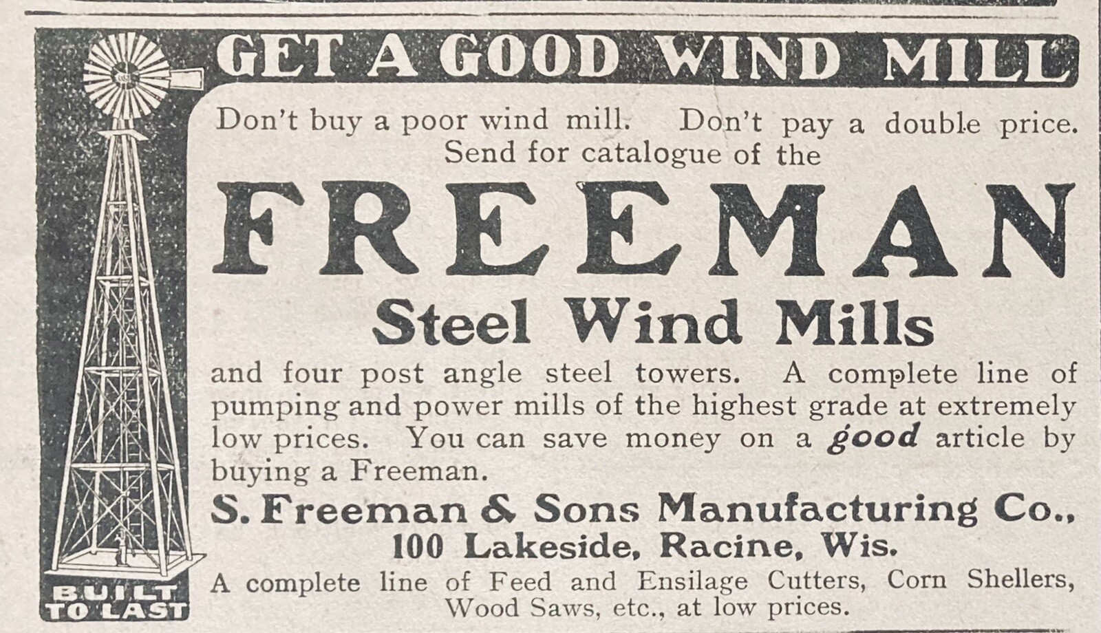 1905 AD.(XH43)~S. FREEMAN SONS MFG. CO. RACINE, WIS. STEEL WIND MILLS