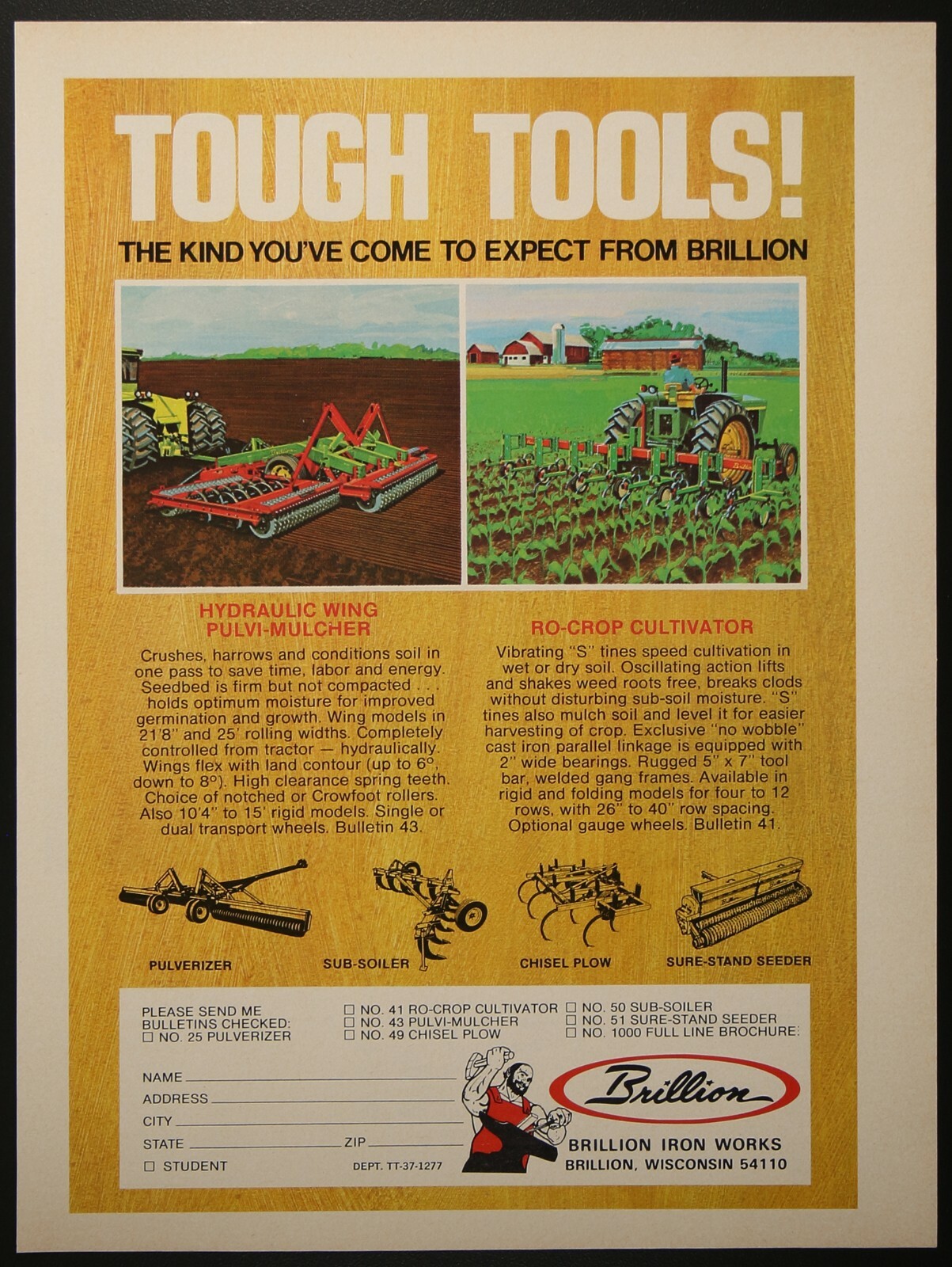 Brillion Iron Ro-Crop Cultivator Pulvi-Mulcher Plow Seeder Vintage Print Ad 1977