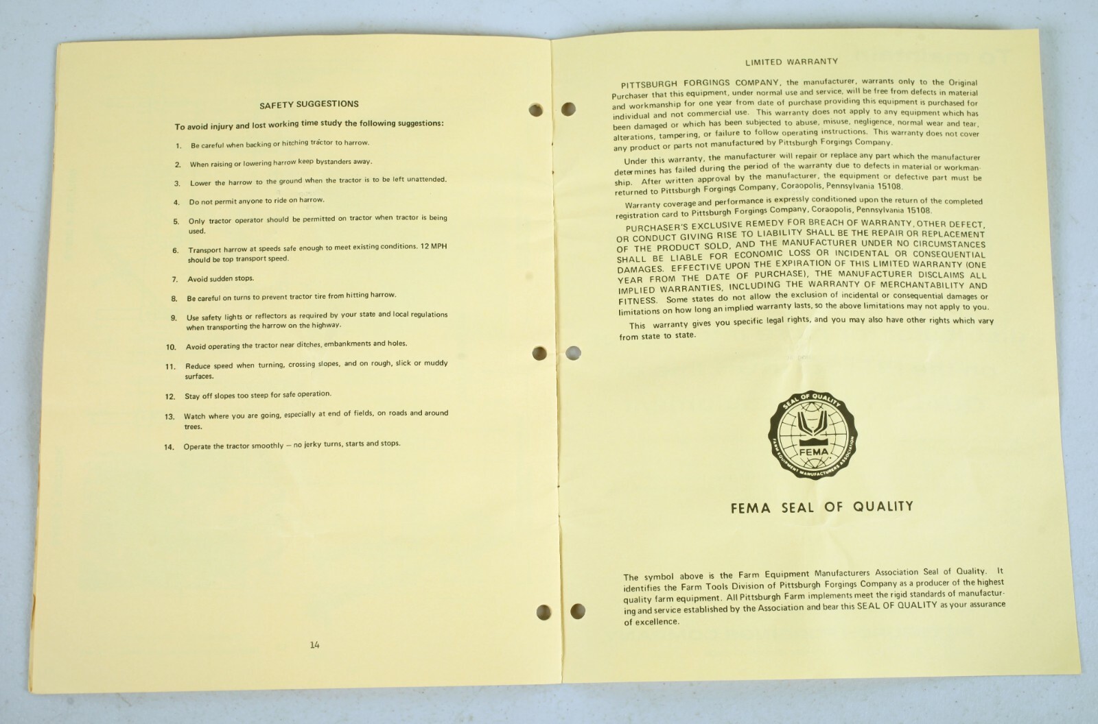 Vintage Pittsburgh Forgings Series 294 Spring Tooth Harrows Owner&rsquo;s Manual