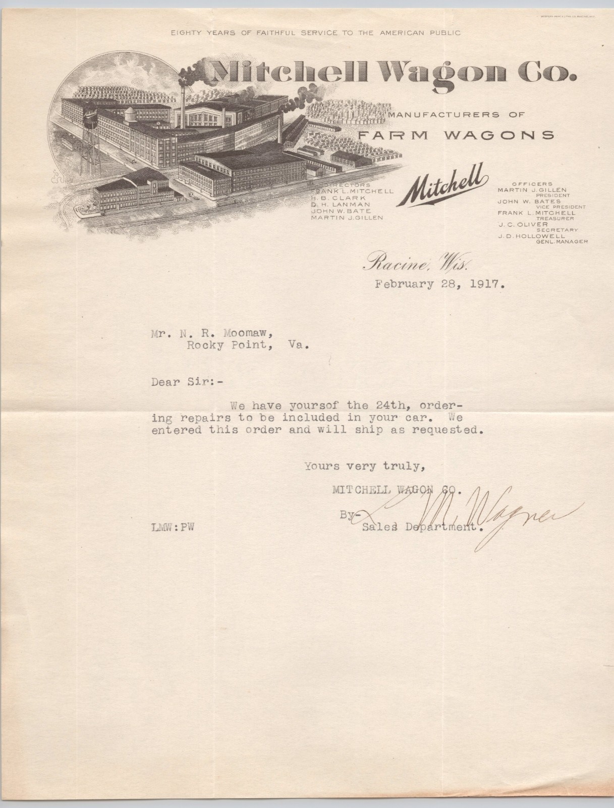 1917 Mitchell Wagon Co Racine WI Farm Wagons Illustrated Letterhead BH1-28
