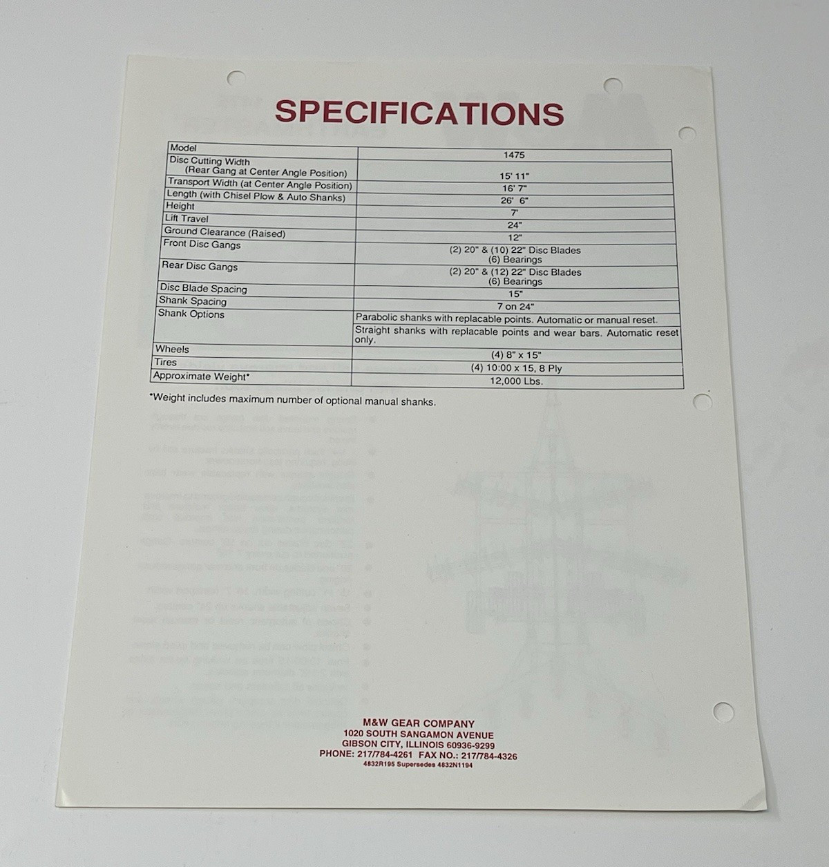 M&W Earthmaster Model 1475 General Specifications Dealer Sales Brochure
