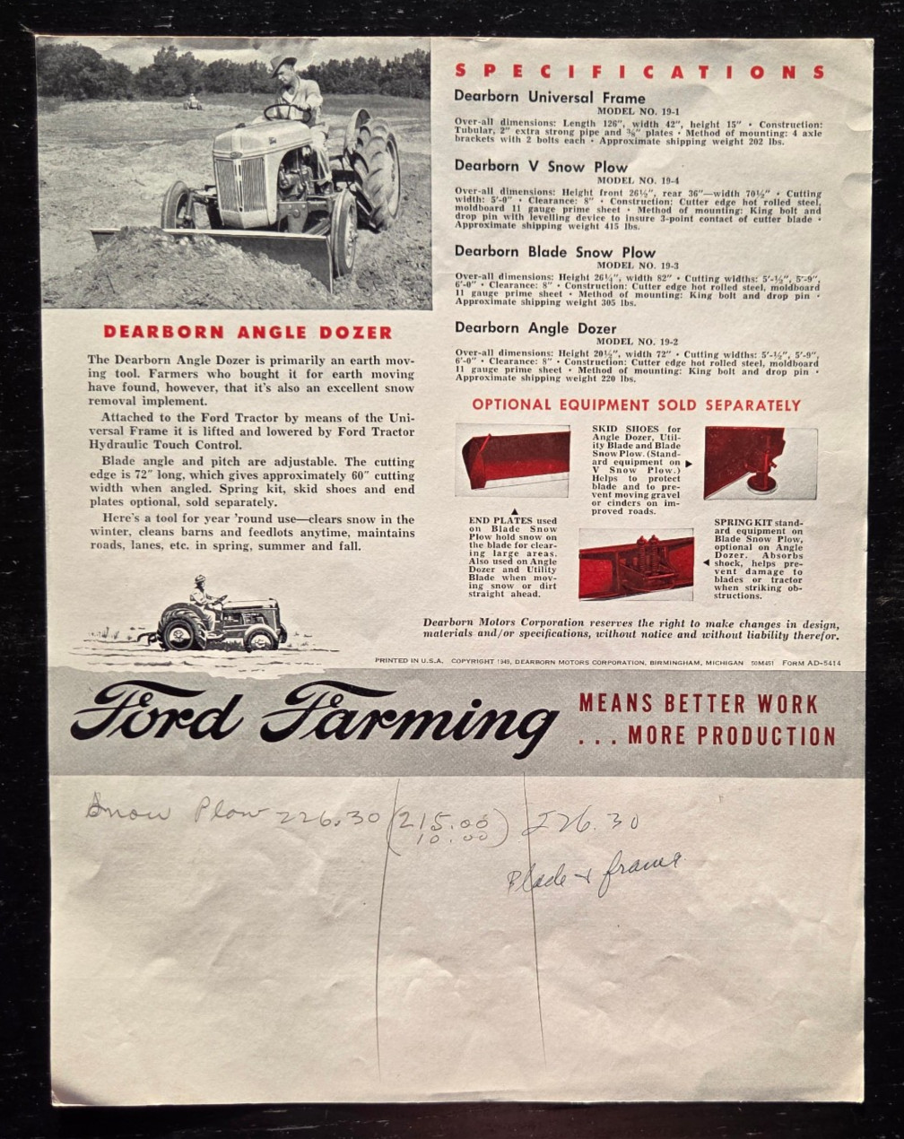 1949 FORD TRACTOR DEARBORN FARM EQUIPMENT SNOW REMOVAL SPEC SHEET ADVERTISEMENT