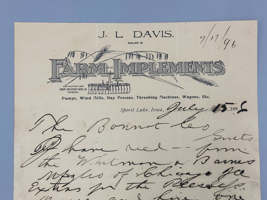 1896 DAVIS FARM IMPLEMENTS Thresher Antique Advertising Letter SPIRIT LAKE IOWA