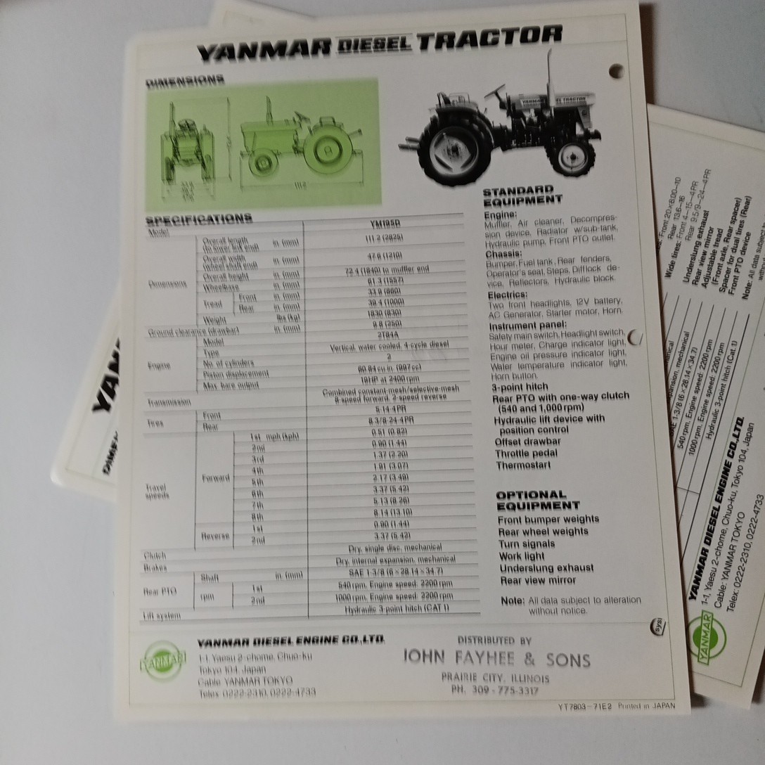 2 Yanmar Diesel Tractor YM195, YM195D Spec Sales Sheet Flyer Farm Equipment Agri