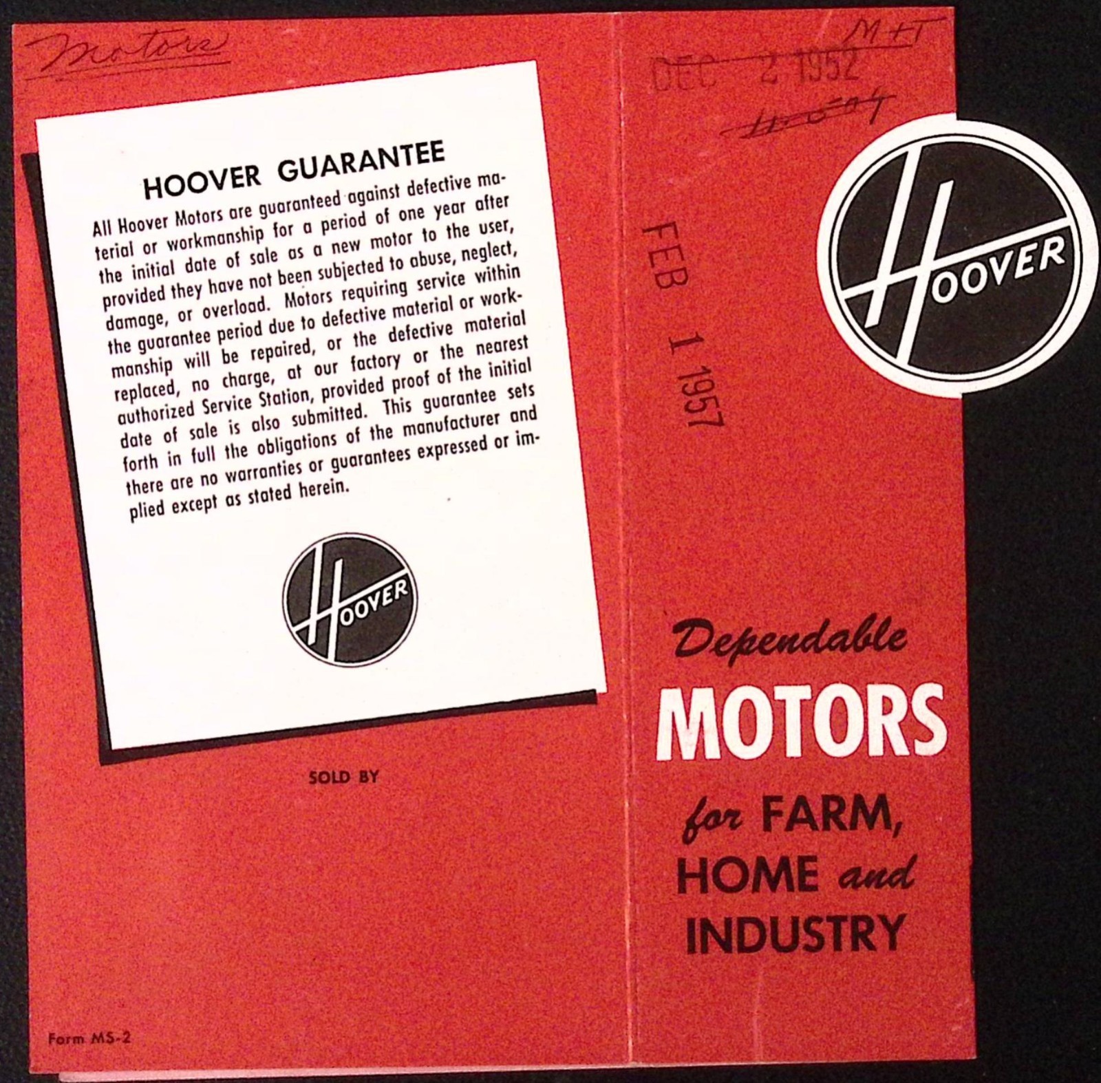 1957 Hoover Dependable Motors Farm Home Industry Brochure North Plainfield NJ