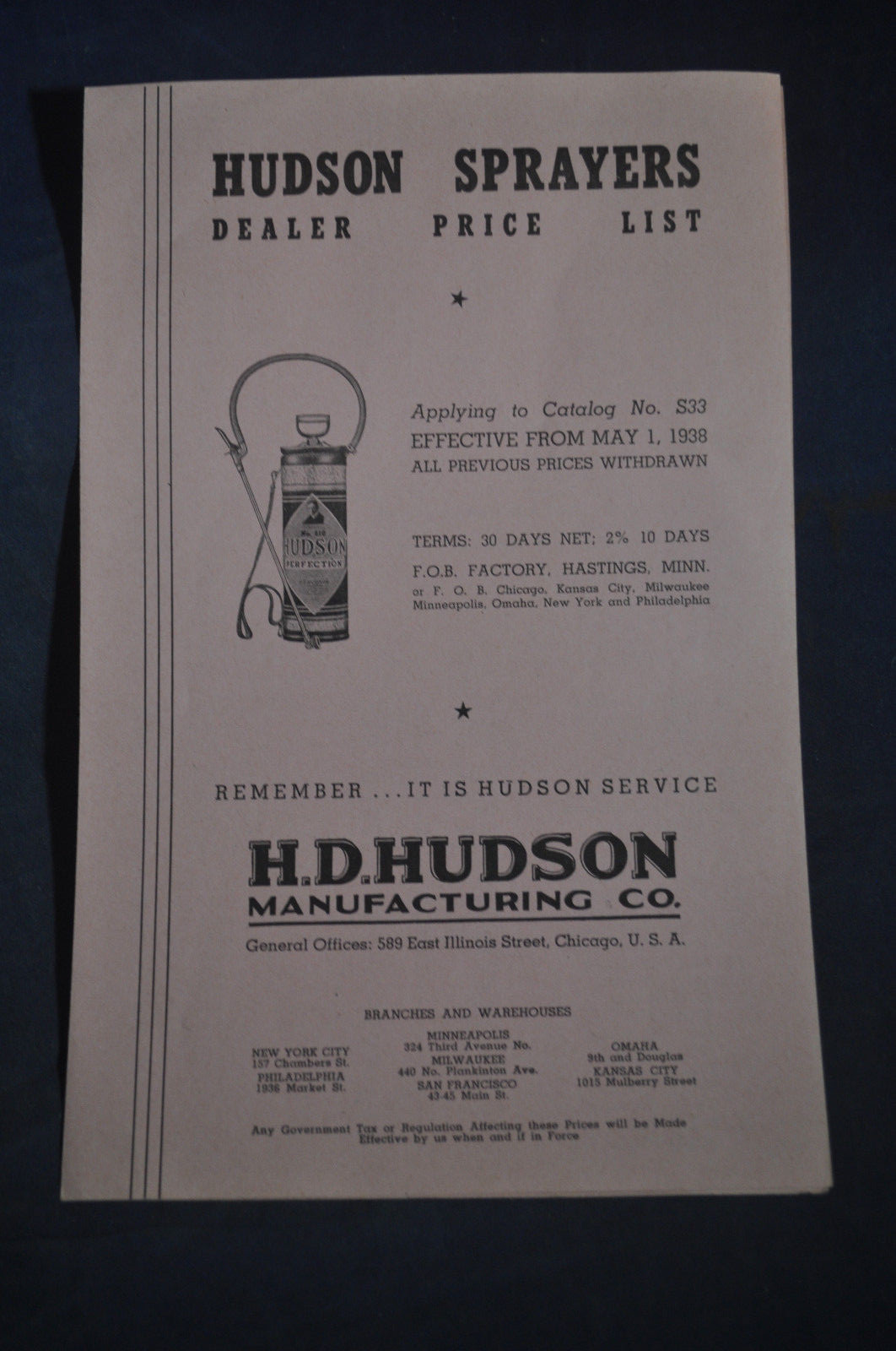 1938 Hudson Sprayers Dealers Price List