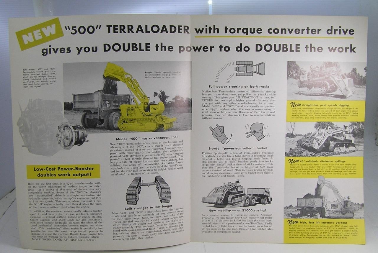 VINTAGE c1950 NEW TERRATRAC CRAWLER MOUNTED TERRALOADERS MODEL/500/400 BROCHURE