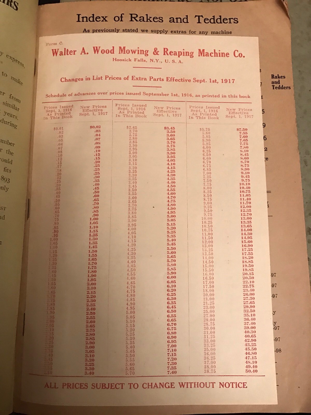 1917 WALTER A WOOD HARVESTER CO Sales Catalog Reaping Rakes Price List Lot of 2