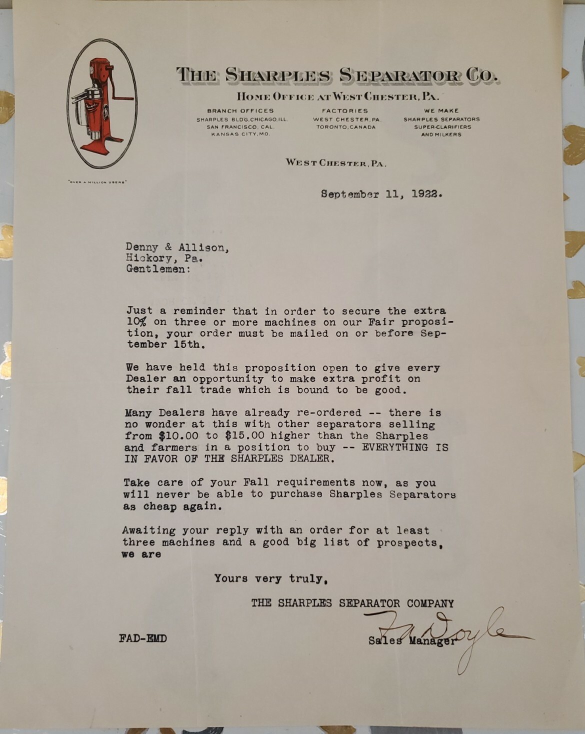 Vintage 1922 Sharples Milk Skimmer Separator for Farmers Company Sales Letter
