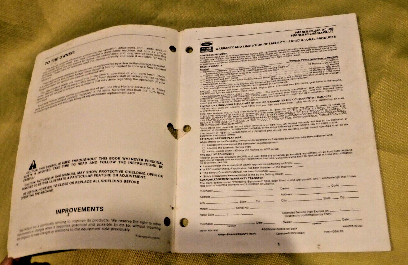New Holland 824 Corn Head Assembly Information & Owner Operator Manual