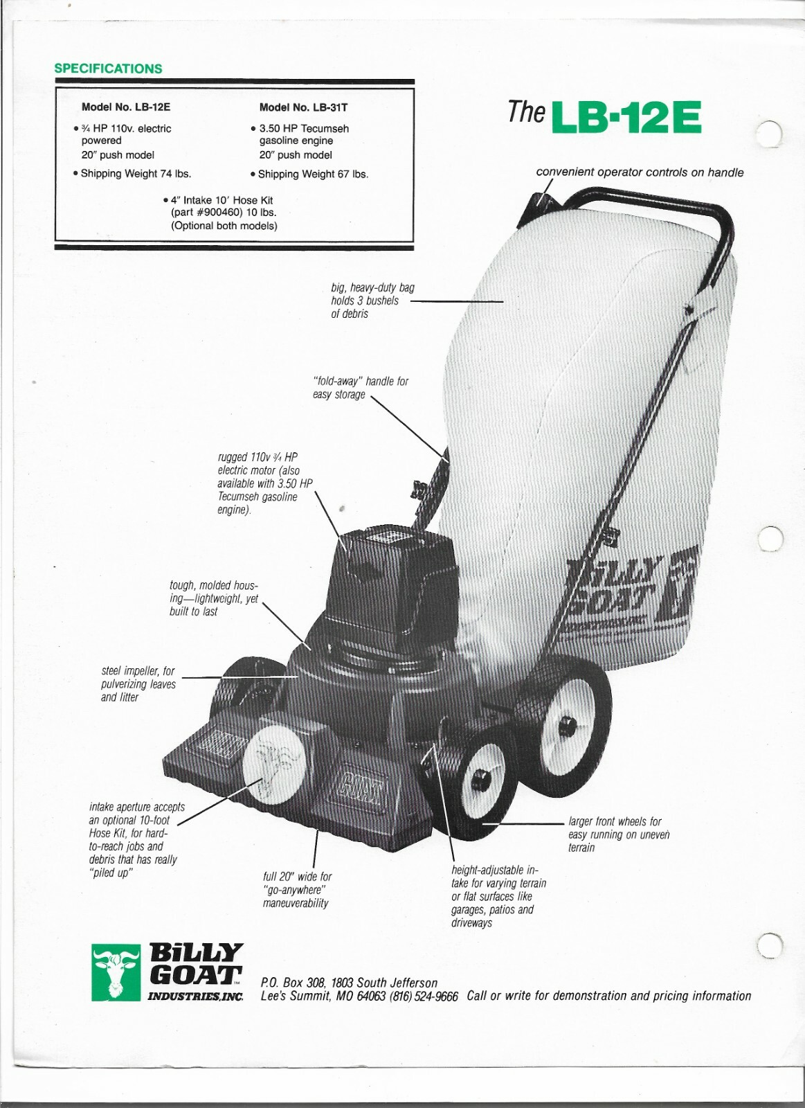 Original OEM OE Billy Goat LB12E and LB31T Indoor Outdoor Vacuums Sales Brochure
