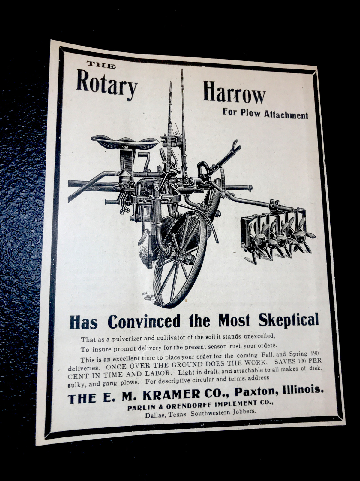 ORIGINAL 1907 Kramer Rotary Harrow Farm Advertising – Paxton – Illinois