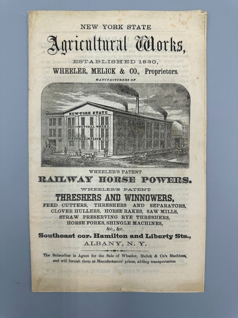 1870s NY AG WORKS Albany WHEELER MELICK Farm CHAMPION Horse THRESHER Advertising