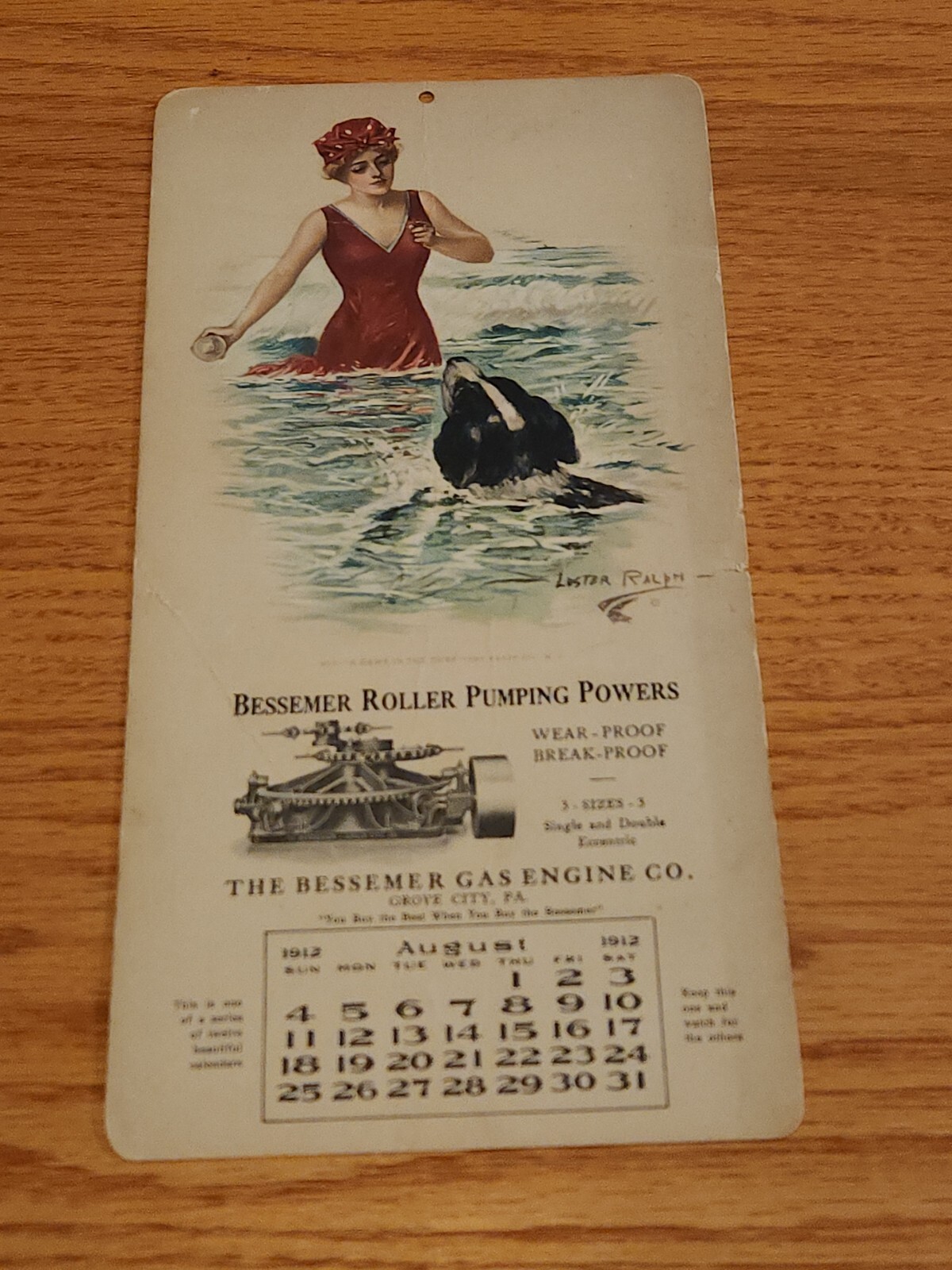 Bessemer Gas Engine Grove City PA Calendar August 1912 Advertising