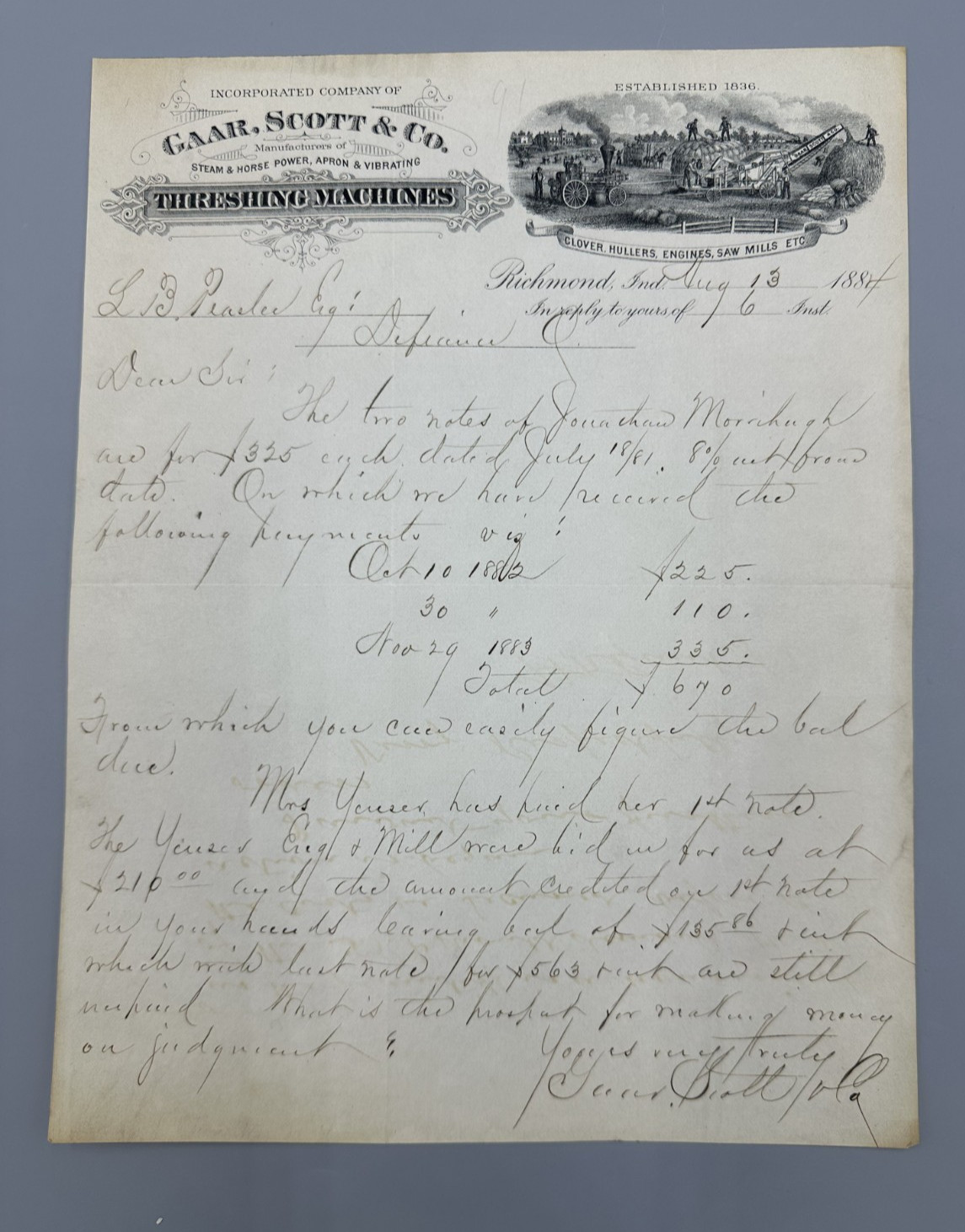 1884 GAAR SCOTT THRESHING MACHINES Letter FARM Advertising RICHMOND IN Antique