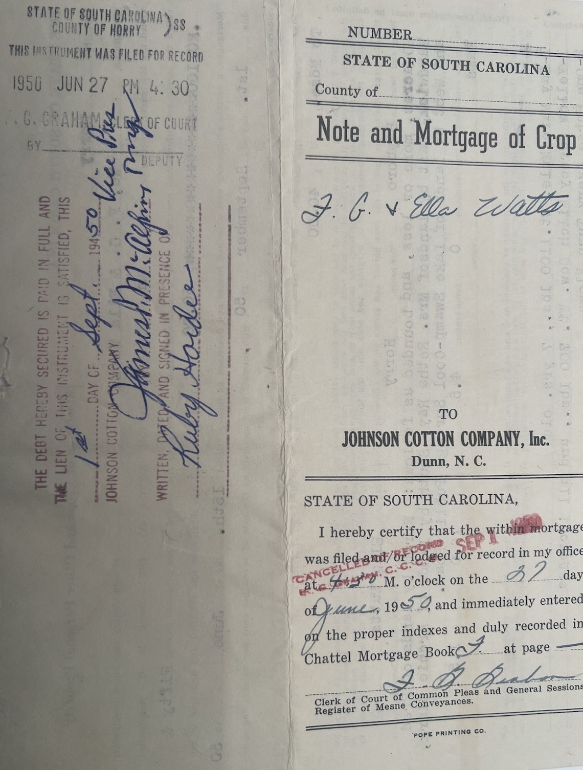 1950 SC Crop Mortgage Johnson Cotton Co Mule Cow Horry County # 1154