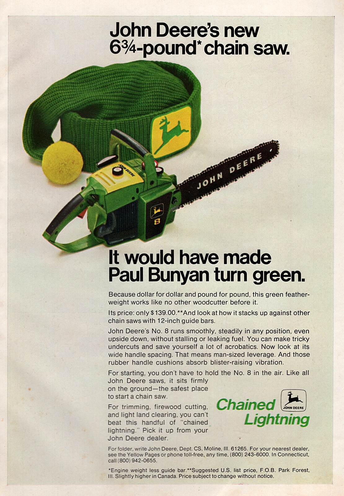 1972 John Deere # 8 Chainsaw Paul Bunyan Original Color Print Ad