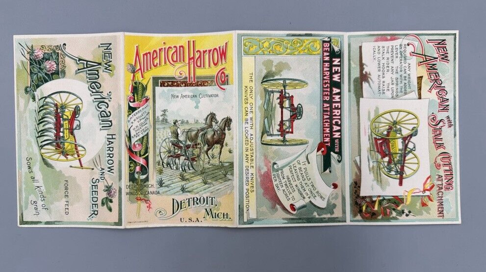 1880s AMERICAN HARROW Victorian FARM Advertising Folding Trade Card DETROIT