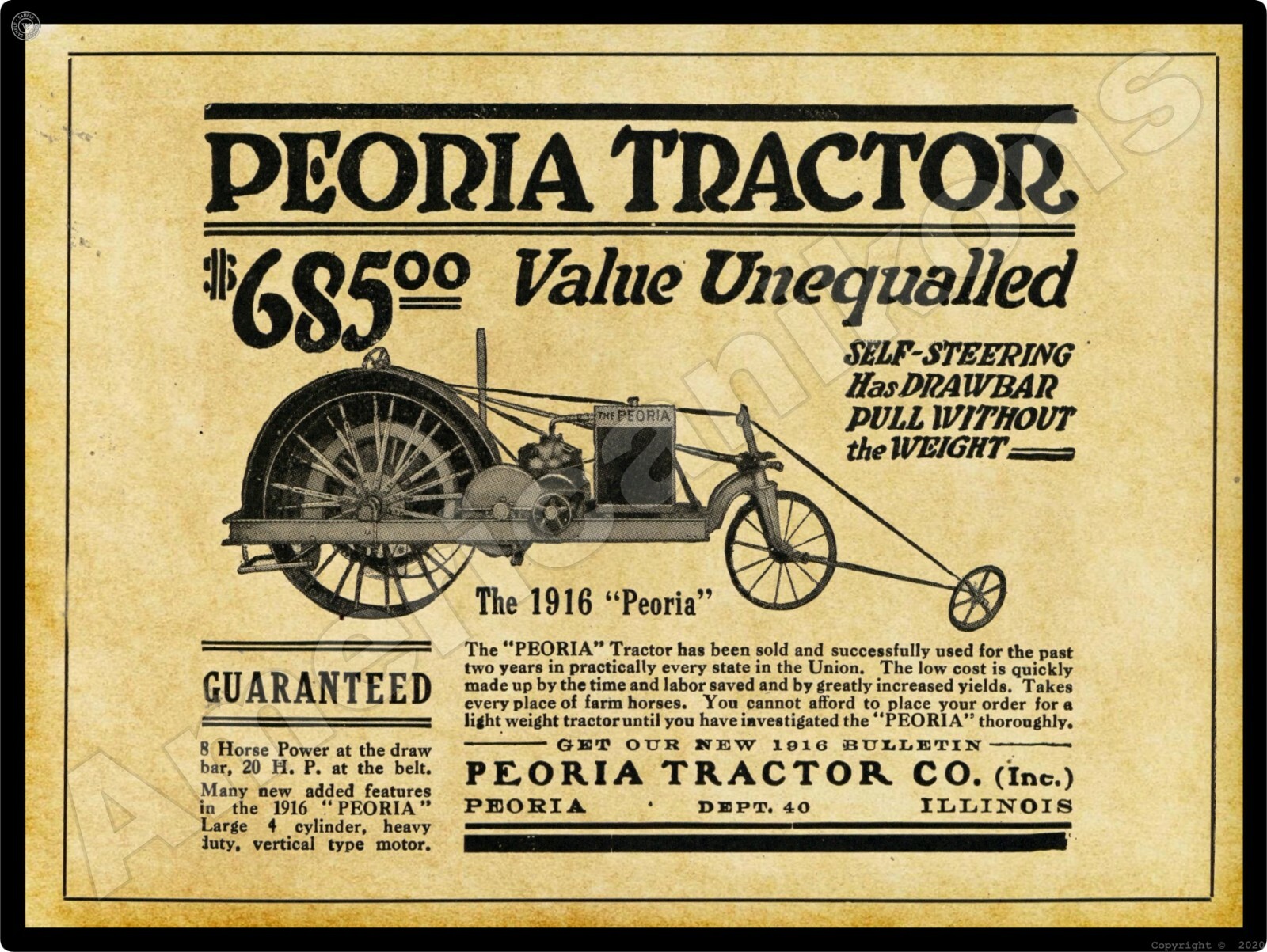 1916 Peoria Tractor Co. New Metal Sign: 8-20 hp Model – Value Unequalled!