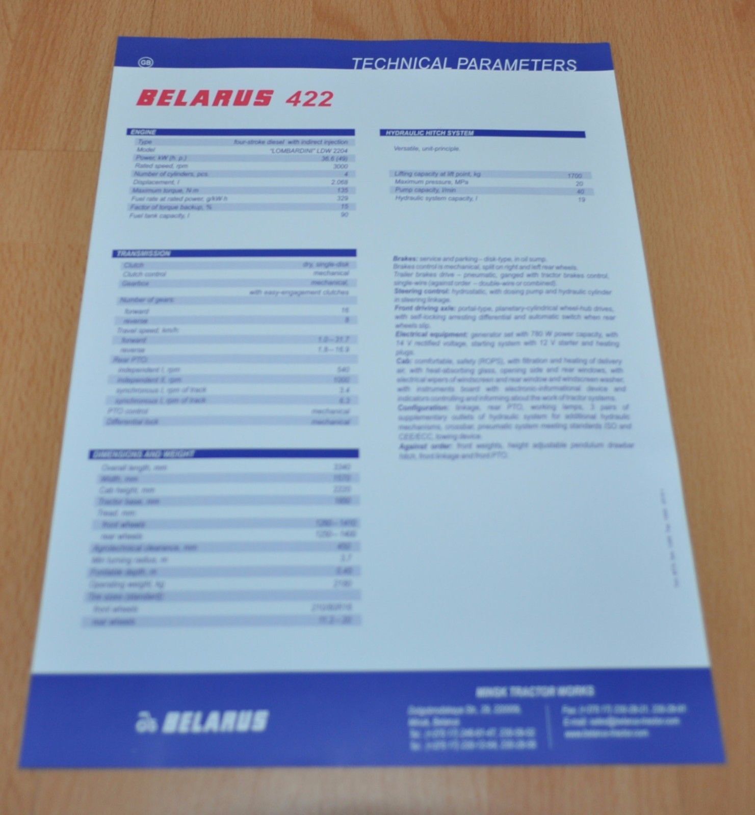 Belarus 422 MTZ ENG Tractor Agriculture Brochure Prospekt