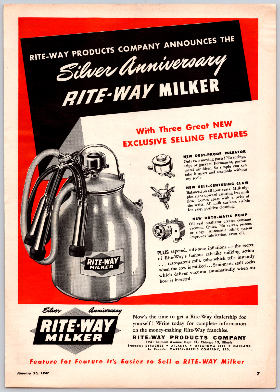 1947 Print Ad Rite-Way Milker Silver Anniversary Three Great Selling Features