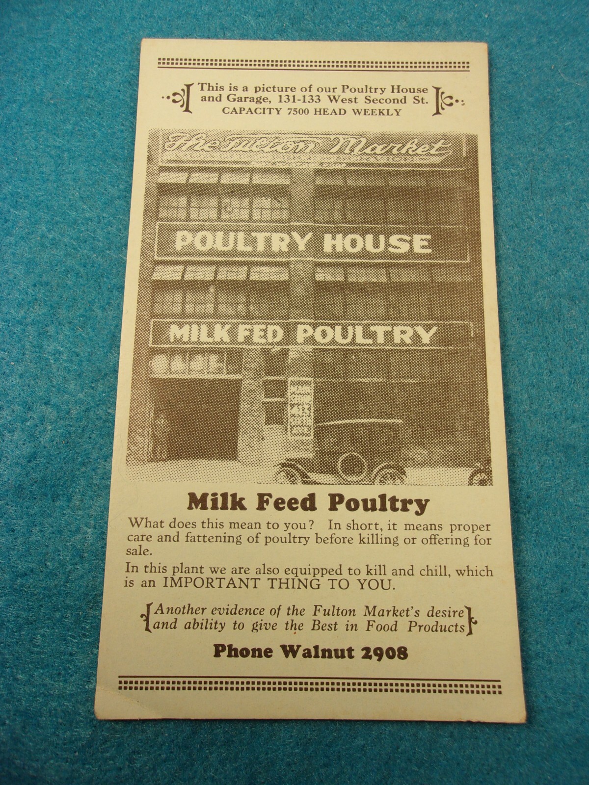 AWESOME ANTIQUE ADVERTISING CARD: THE FULTON MARKET, MILK FEED POULTRY, CHICAGO